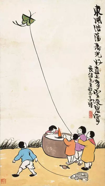 丰子恺的漫画《东风浩荡春风好》立轴纸本61×34cm